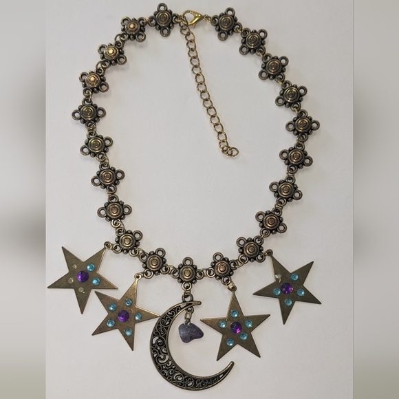 VTG METAL BRONZE/GOLD TONE MOON & STARS NATURAL GEM STONE NECKLACE - Picture 1 of 13